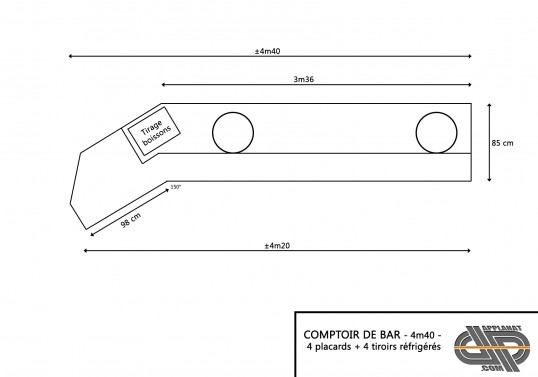 comptoir de bar en angle 150°