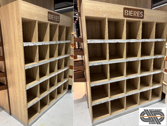 Grande étagère de présentation pour bières en bois mélaminé chêne, 25 cases de rangement pour bouteilles debout, signalétique 