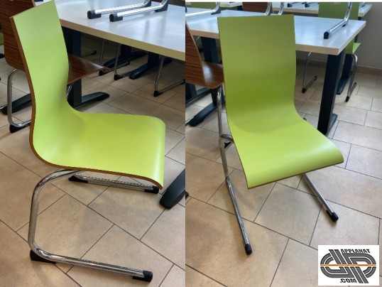 Chaises bois contreplaqué cintré  vert pomme et pieds chromes en porte-à-faux