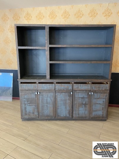 Grand meuble vaisselier de restaurant effet cérusé bleu/gris